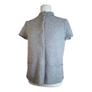 Eileen Fisher Grey Short Sleeve Mock Neck Wool Blend Cardigan Sweater PM